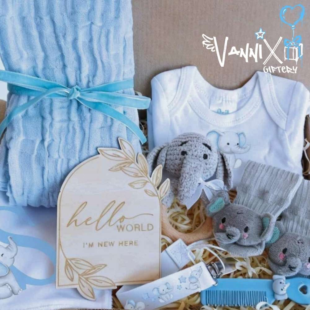 baby blue elephant gift box vannix giftery close up